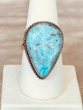 Larimar Pear Ring 925 Sterling Silver Blue Gemstone Boho Vintage Size 8-1/4